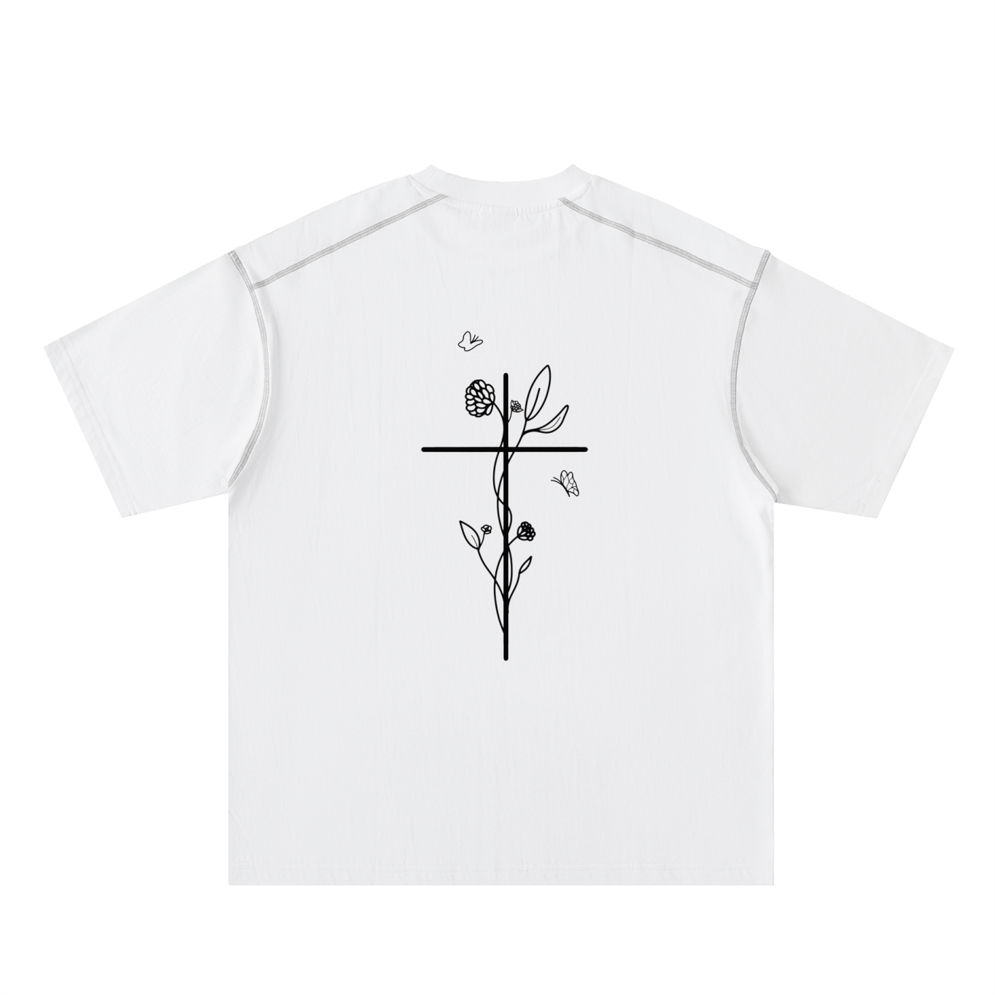 White t-shirt with black floral design on a white background