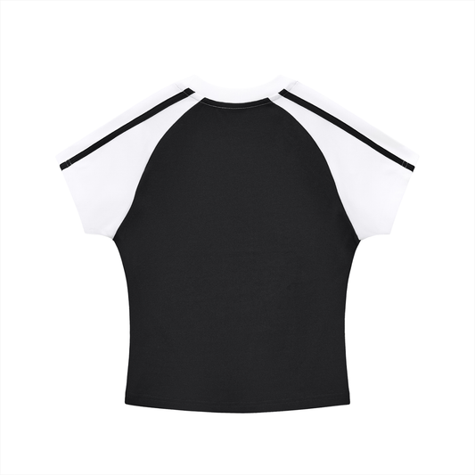 Black crop top with white sleeves on a white background