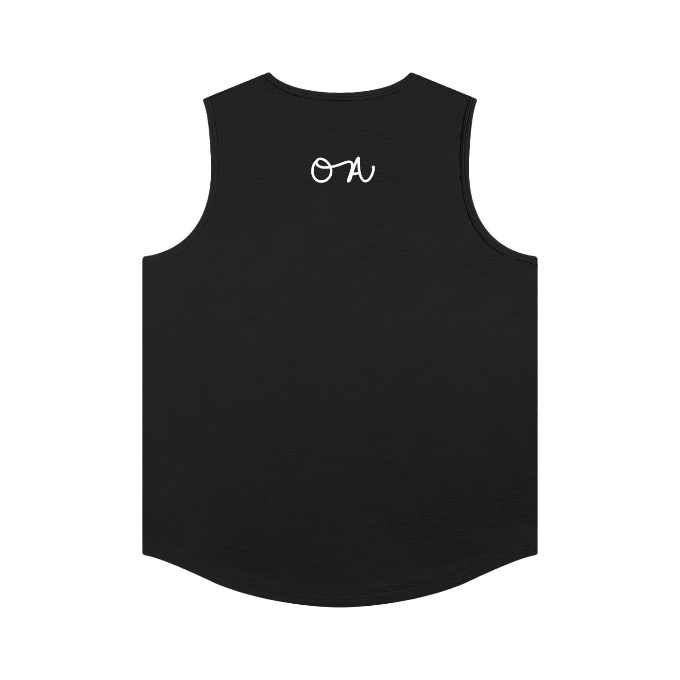 Black sleeveless shirt with white logo on a white background