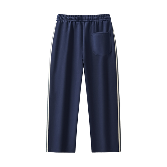 Navy blue pants with white stripes on a white background