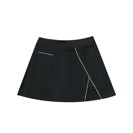 Black skirt with white stitching on a white background