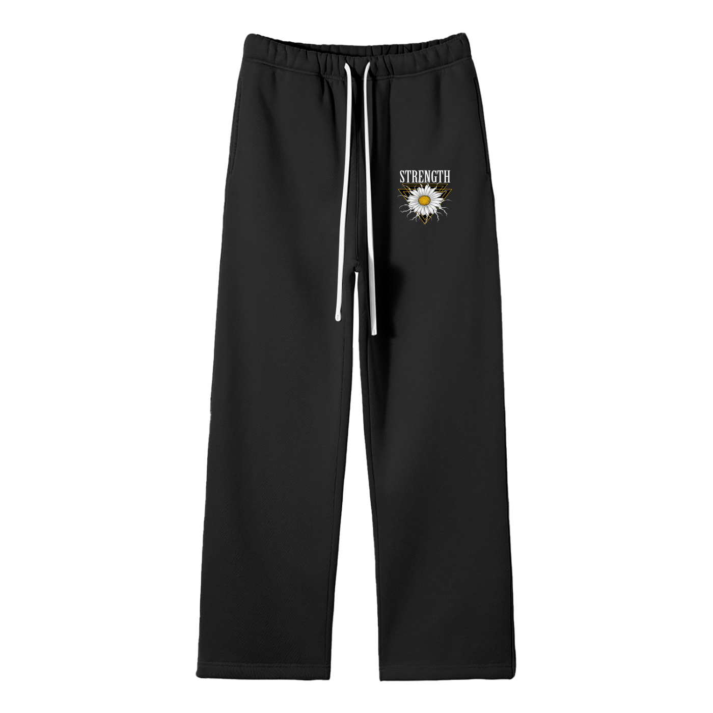 Black sweatpants with a white flower and 'Strength' text on a white background