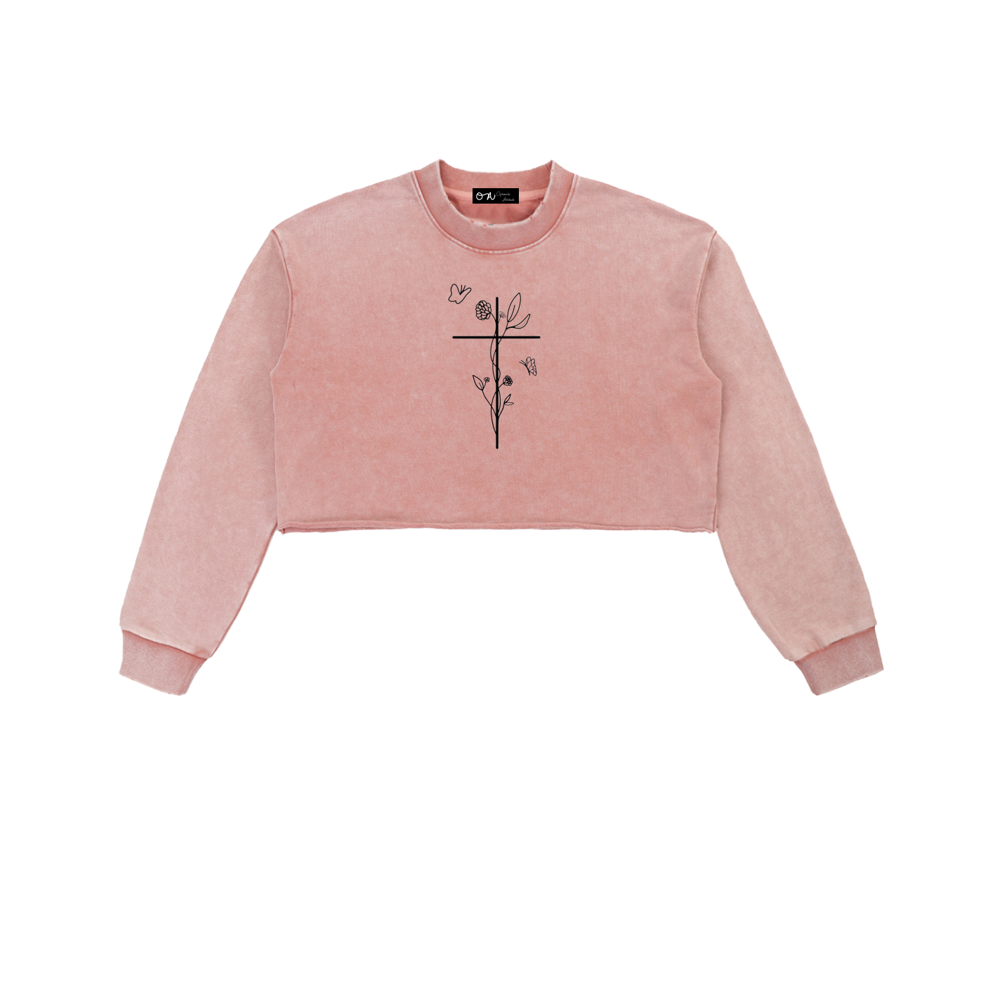 Pink sweatshirt with a black design on a white background