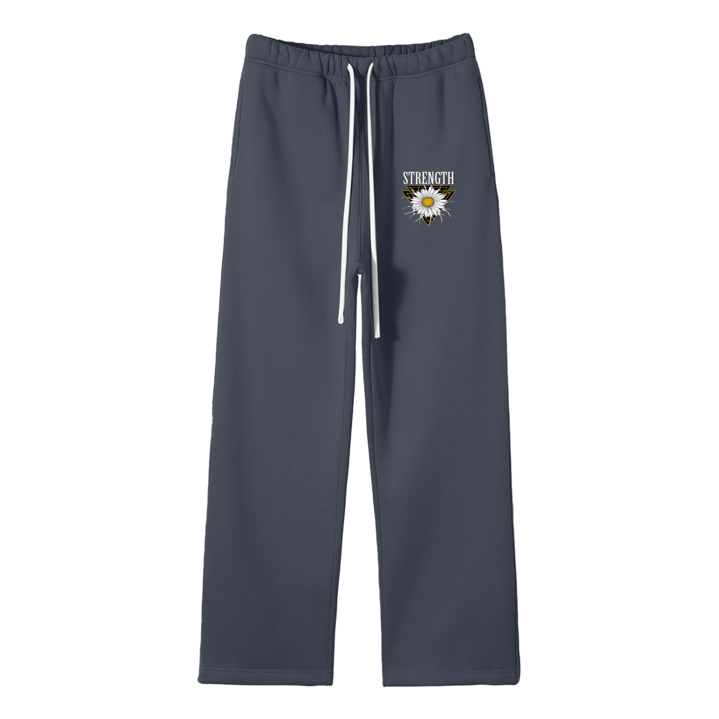 Dark gray sweatpants with a white flower and 'Strength' text on a white background