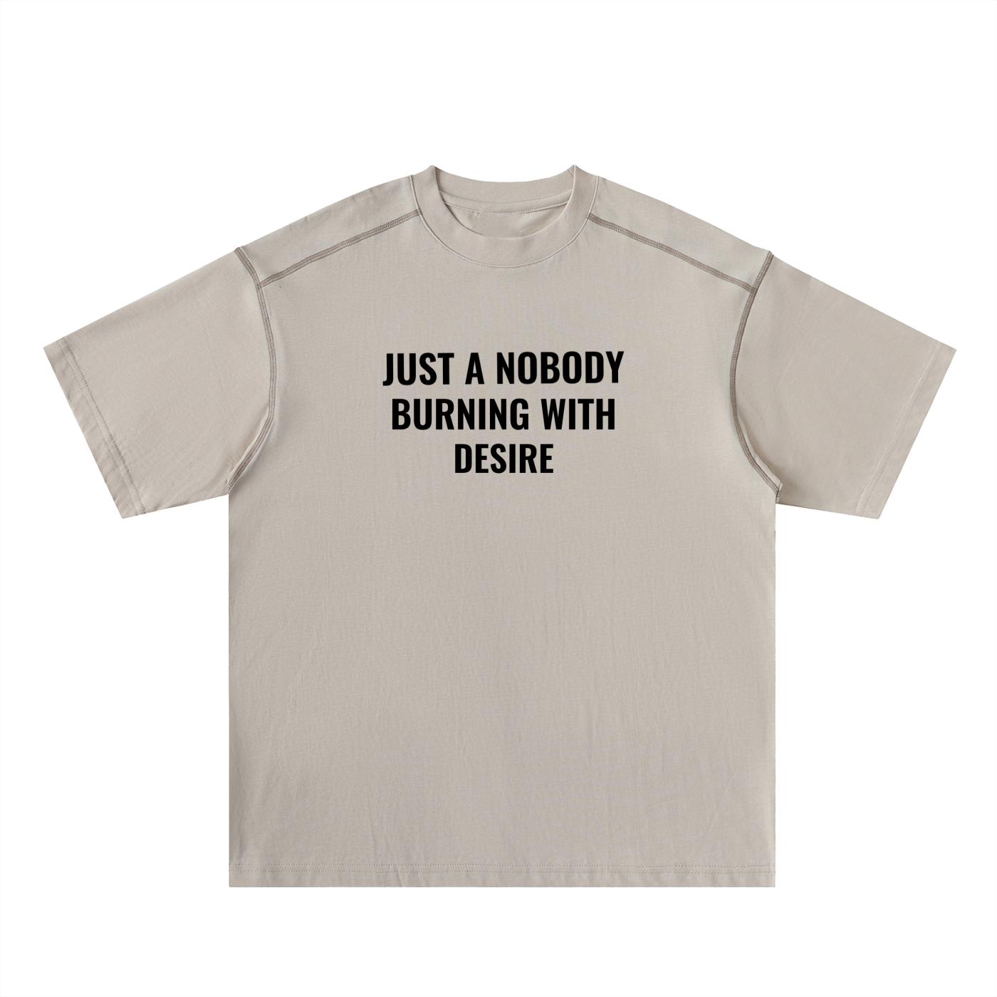 Beige t-shirt with black text on a white background