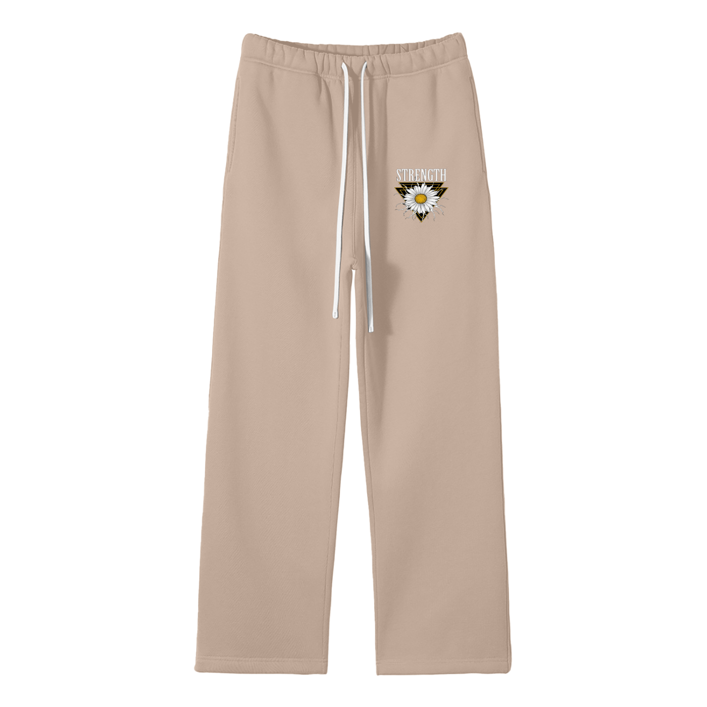 Beige sweatpants with strength lettering and white flower