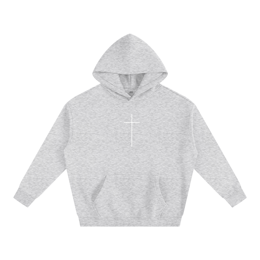 Gray hoodie with a white cross on a white background