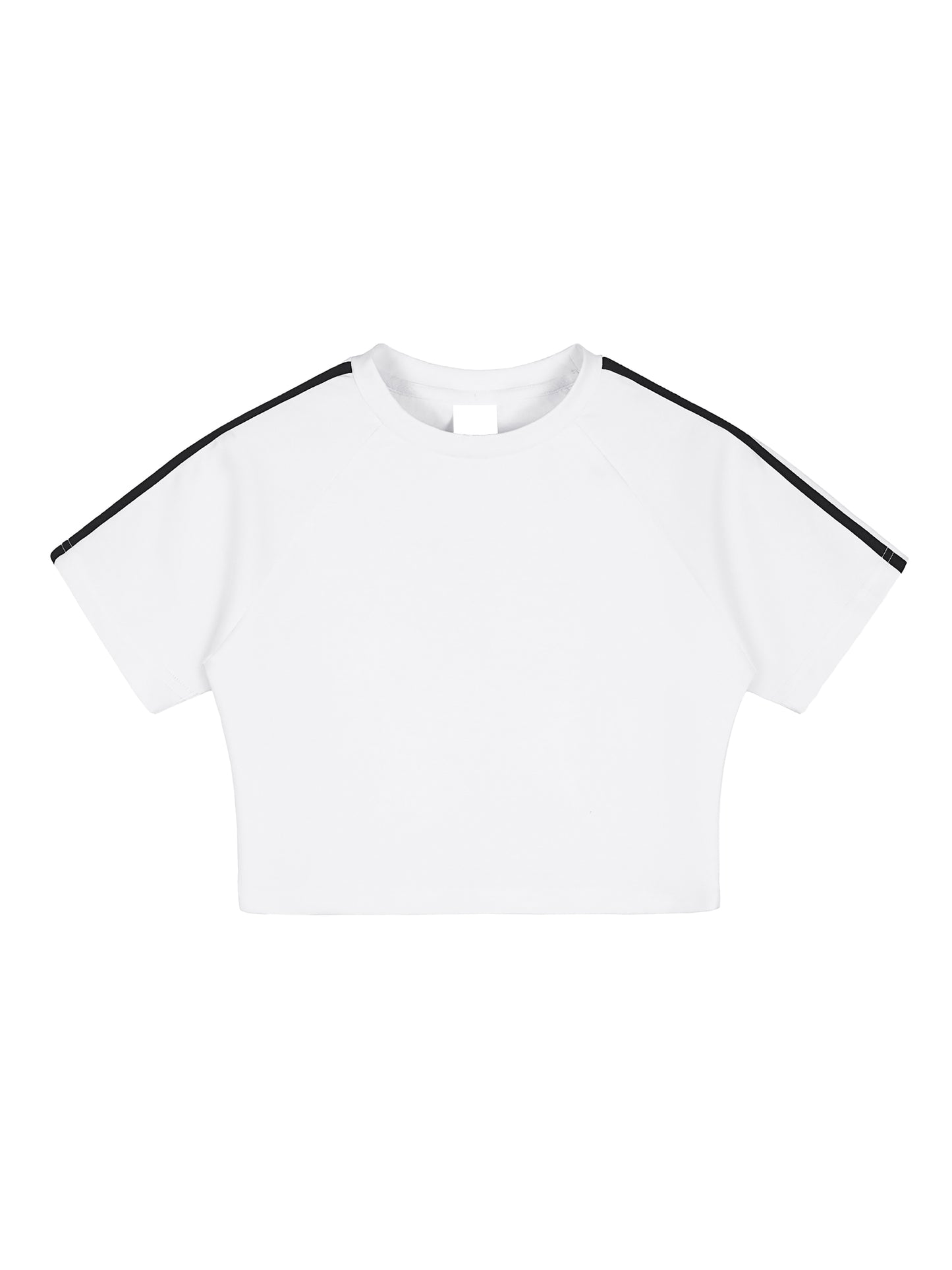 White t-shirt with black trim on a white background