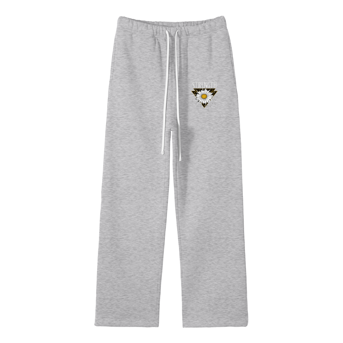 Gray sweatpants with a logo on the left leg against a white background