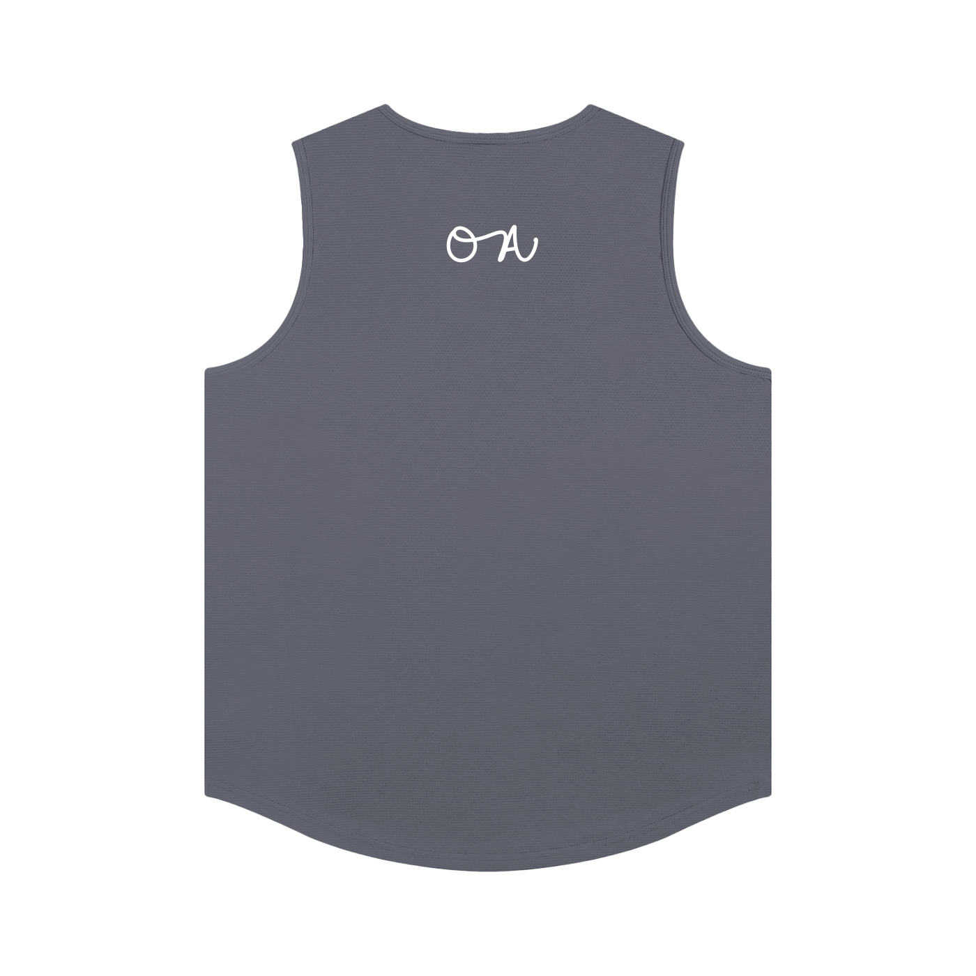 Gray sleeveless shirt with a white logo on the back against a white background