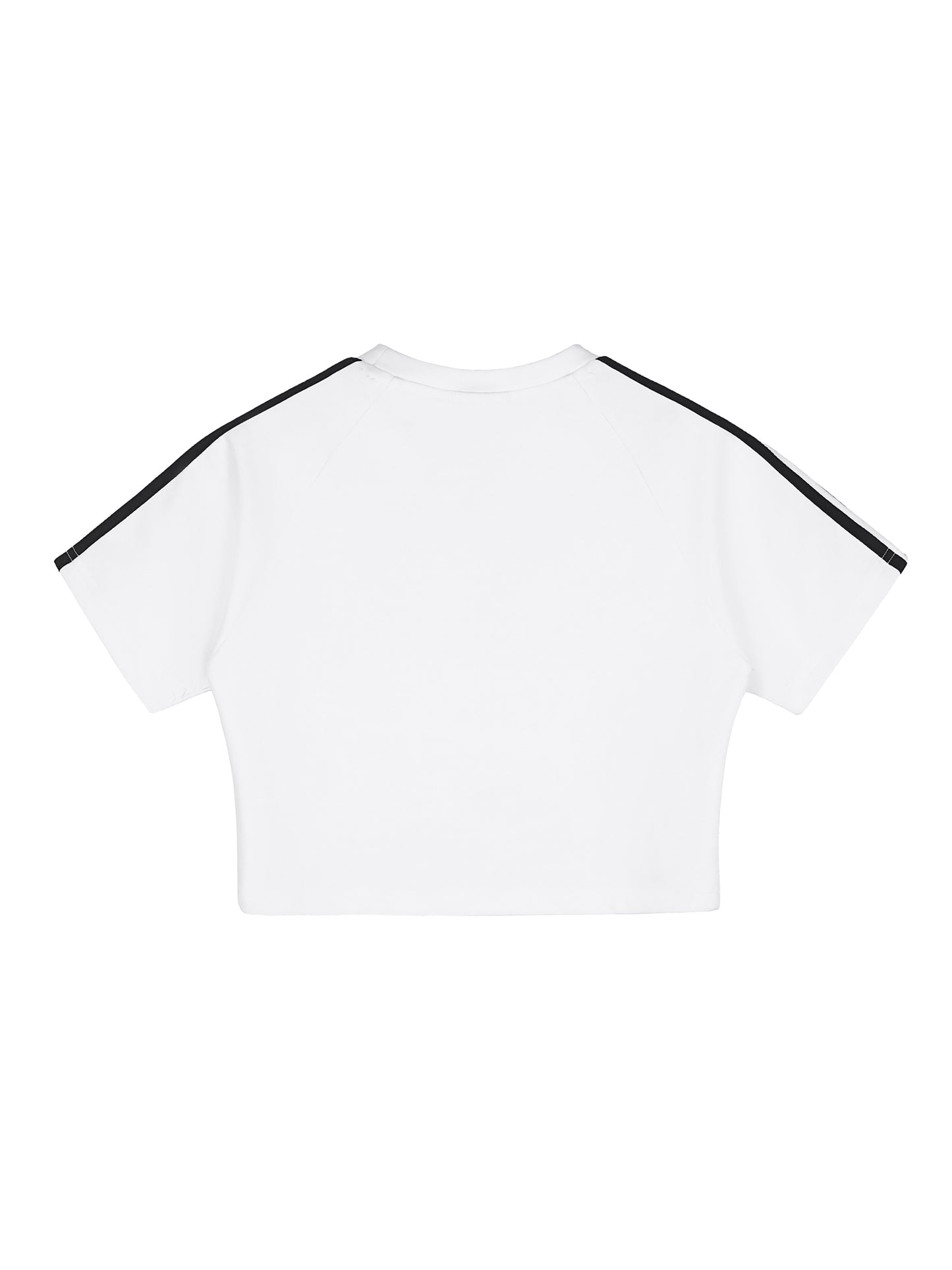 White t-shirt with black trim on a white background