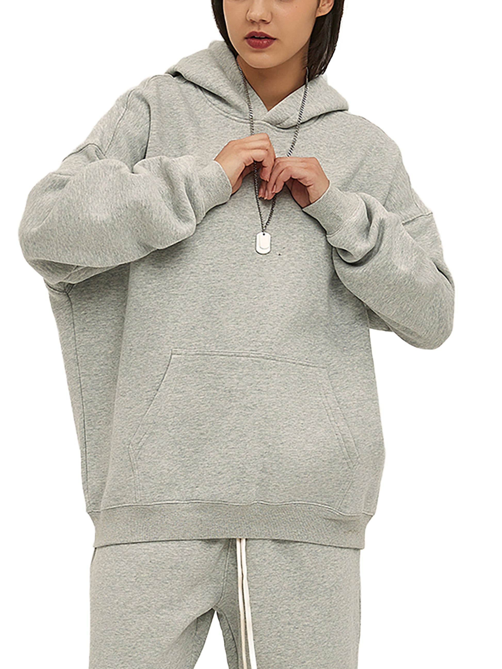 Heather gray hoodie mockup on a female model