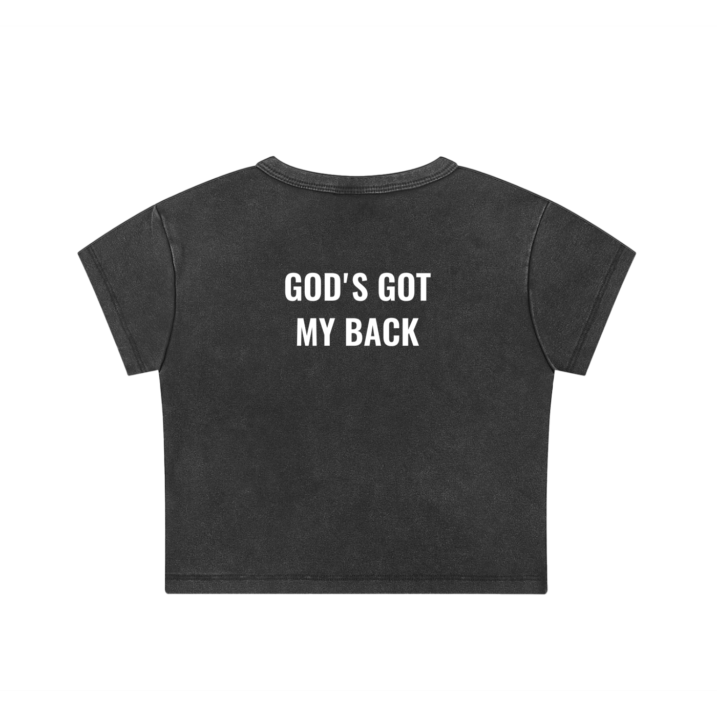Black t-shirt with 'God's Got My Back' text on a white background