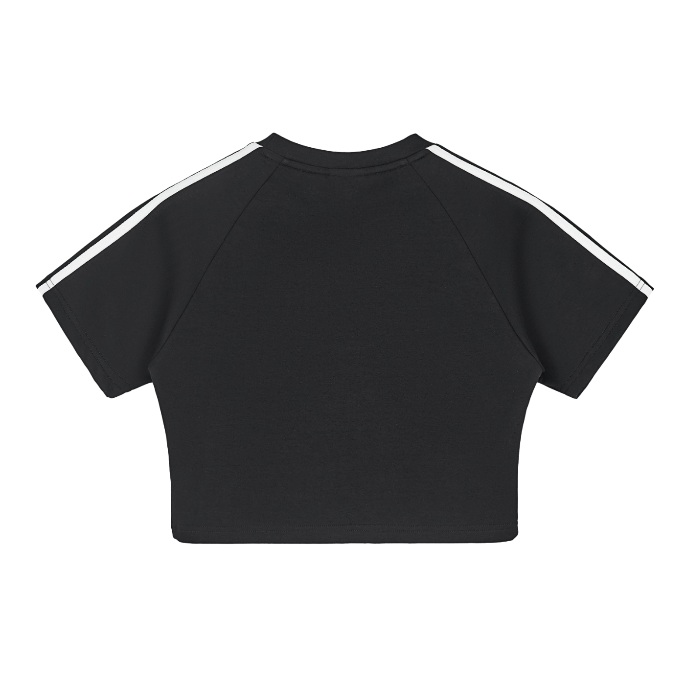Black crop top with white stripes on a white background
