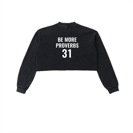 Black crop top with 'BE MORE PROVERBS 31' text on a white background