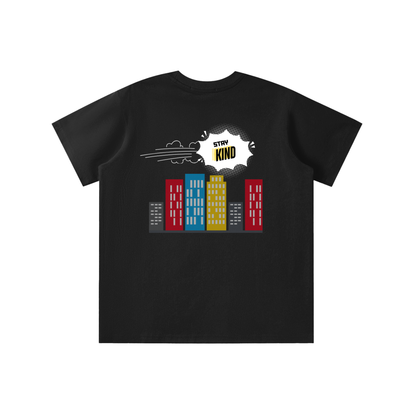 Black t-shirt with colorful building graphic and 'Stay Kind' text on a white background