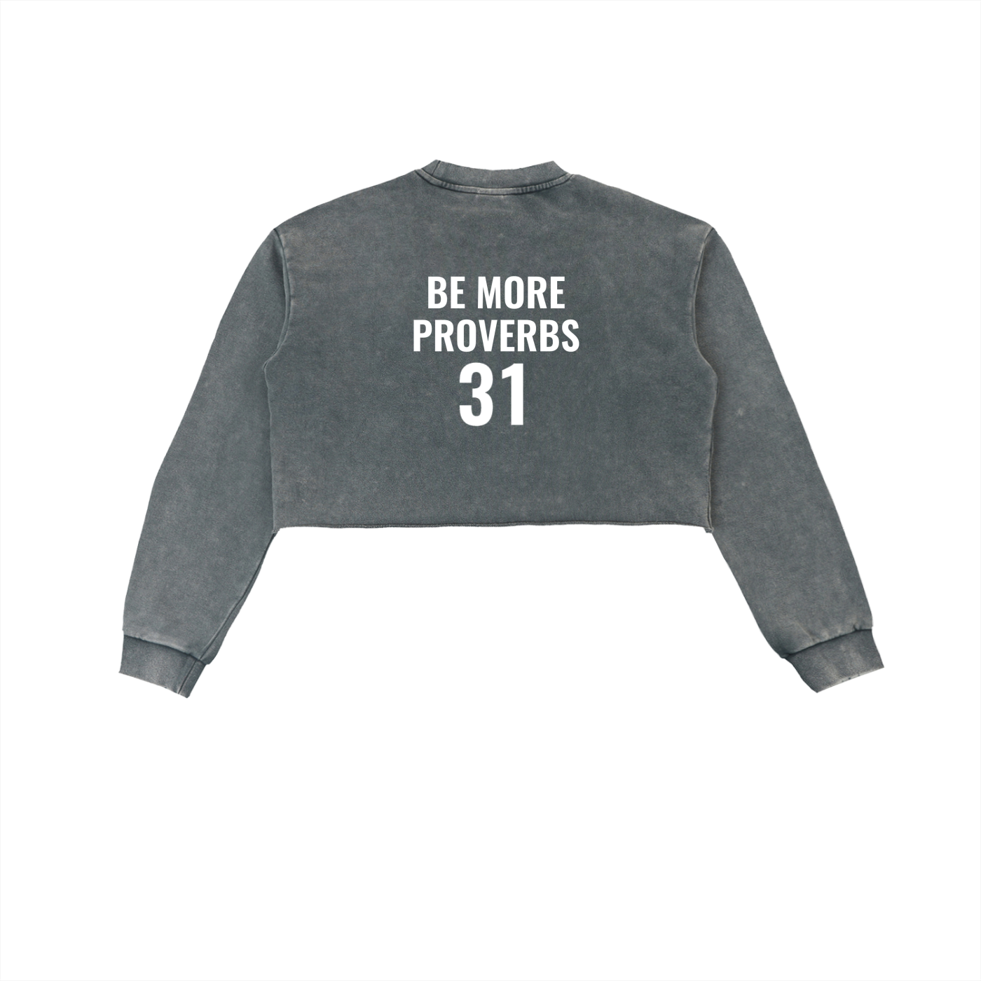 Gray sweatshirt with 'BE MORE PROVERBS 31' text on the back against a white background