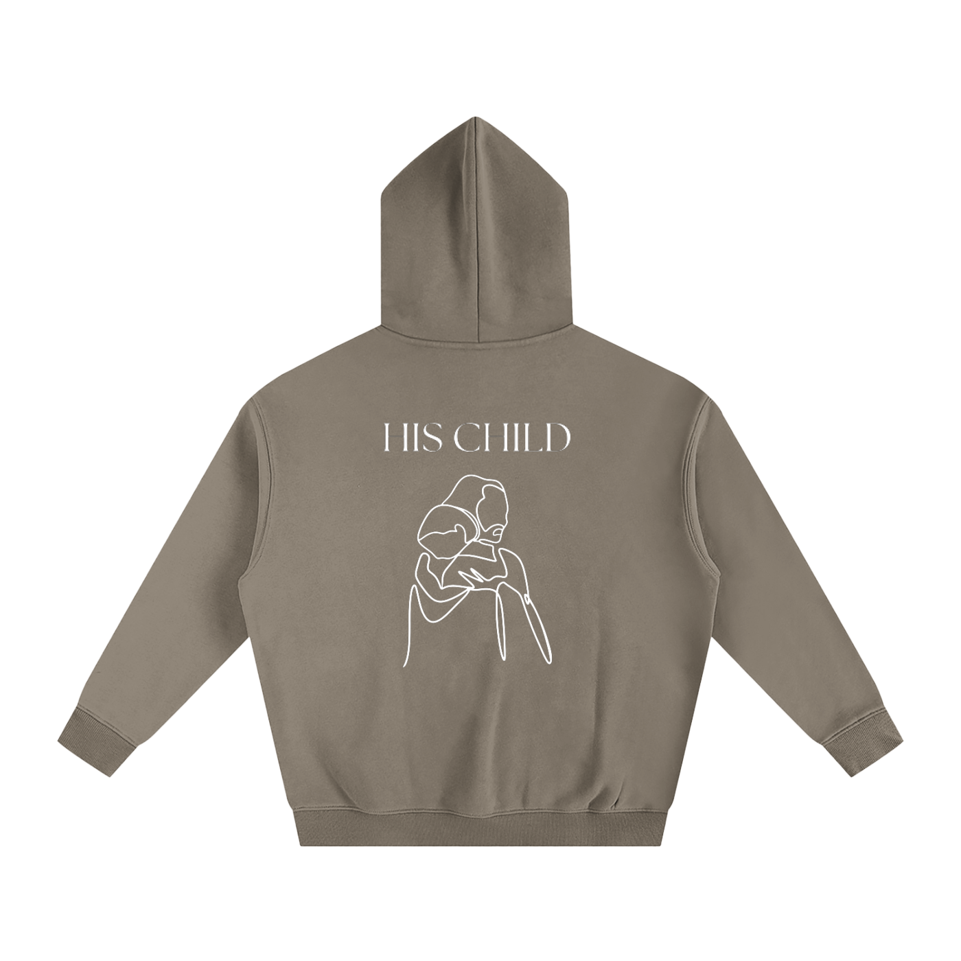 Brown hoodie with 'HIS CHILD' text and graphic on the back against a white background
