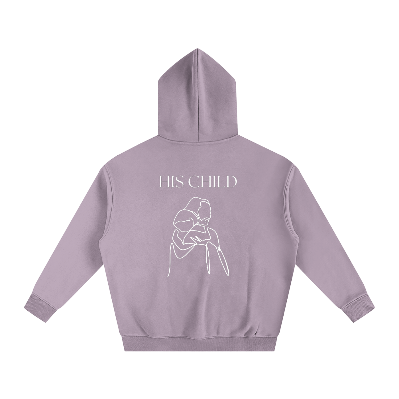 Purple hoodie with 'HIS CHILD' text and graphic on the back against a white background
