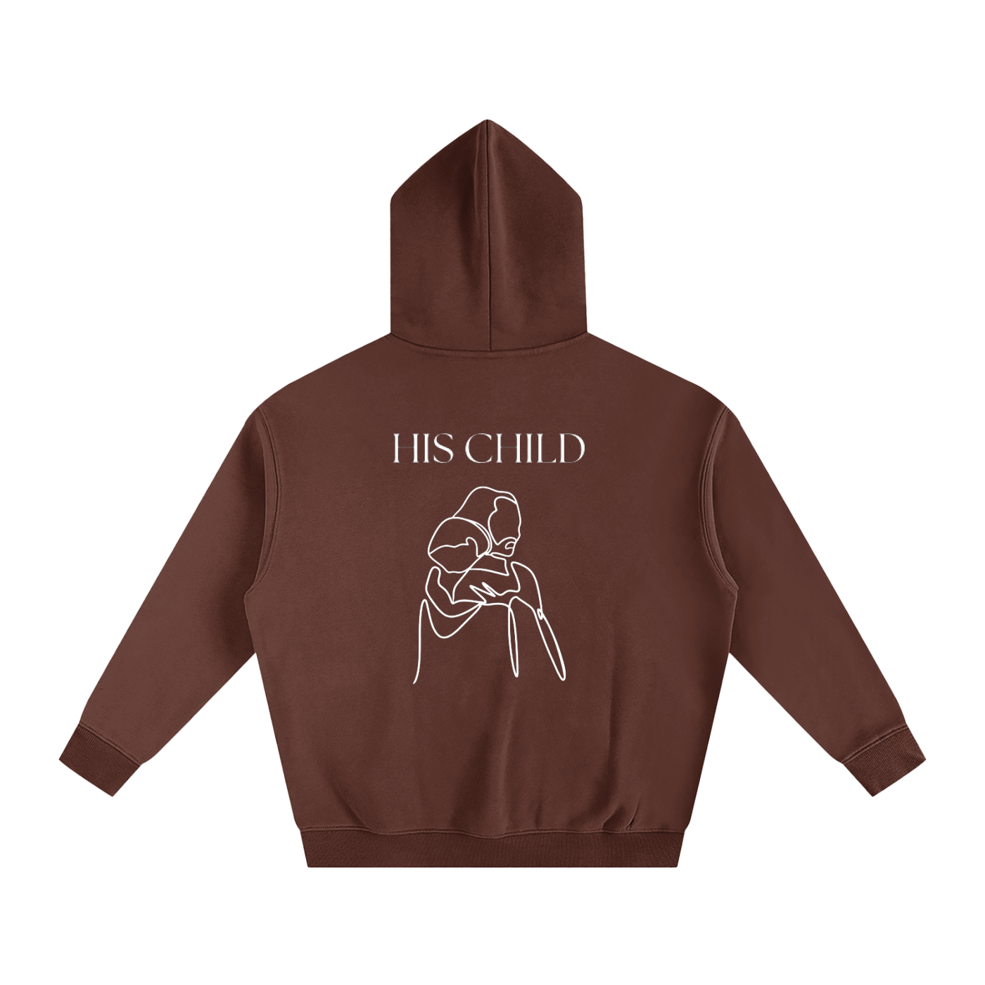 Brown hoodie with 'HIS CHILD' text and graphic on the back against a white background