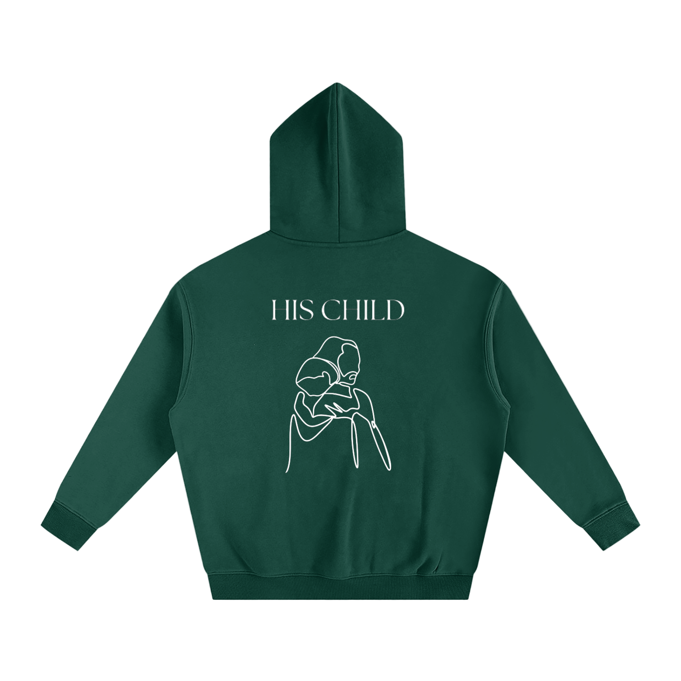 Green hoodie with 'HIS CHILD' text and graphic on the back against a white background