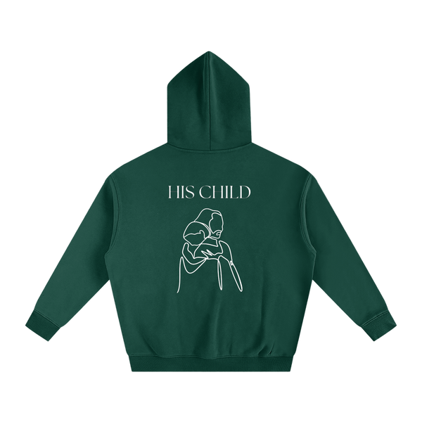 Green hoodie with 'HIS CHILD' text and graphic on the back against a white background