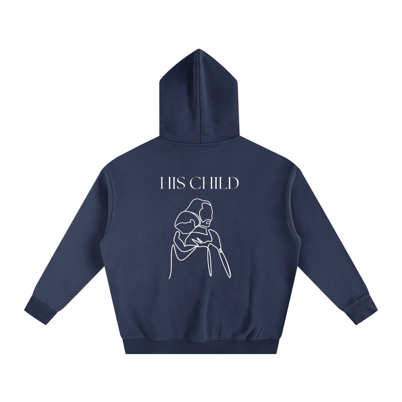 Navy blue hoodie with 'HIS CHILD' text and graphic on the back against a white background
