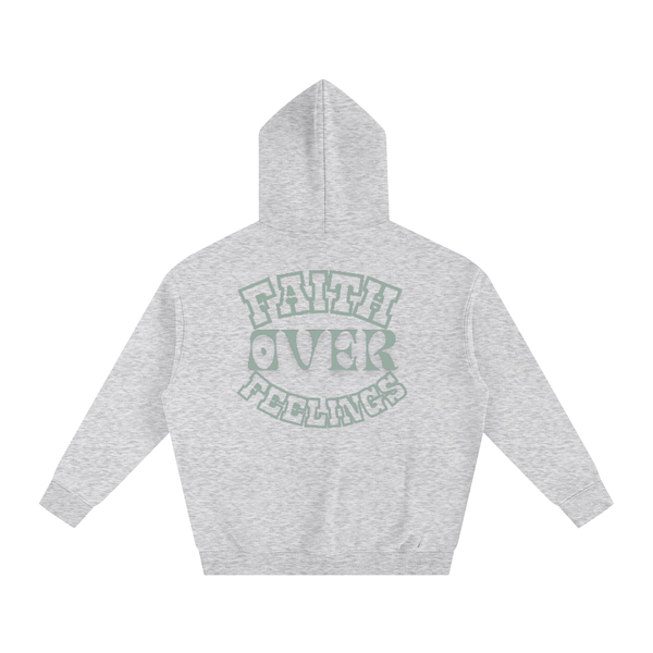 Gray hoodie with 'Faith Over Feelings' text on the back against a white background
