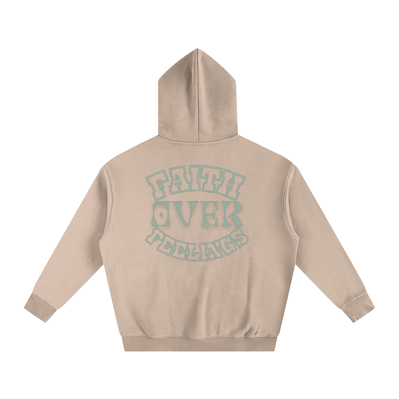 Beige hoodie with text on the back against a white background