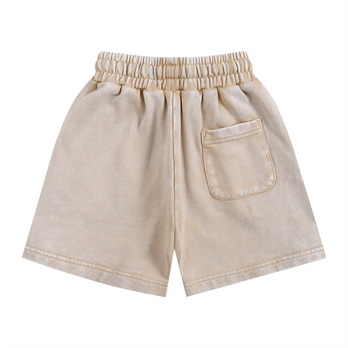 Back of Beige shorts with an elastic waistband and shorts pocket in front of a white background