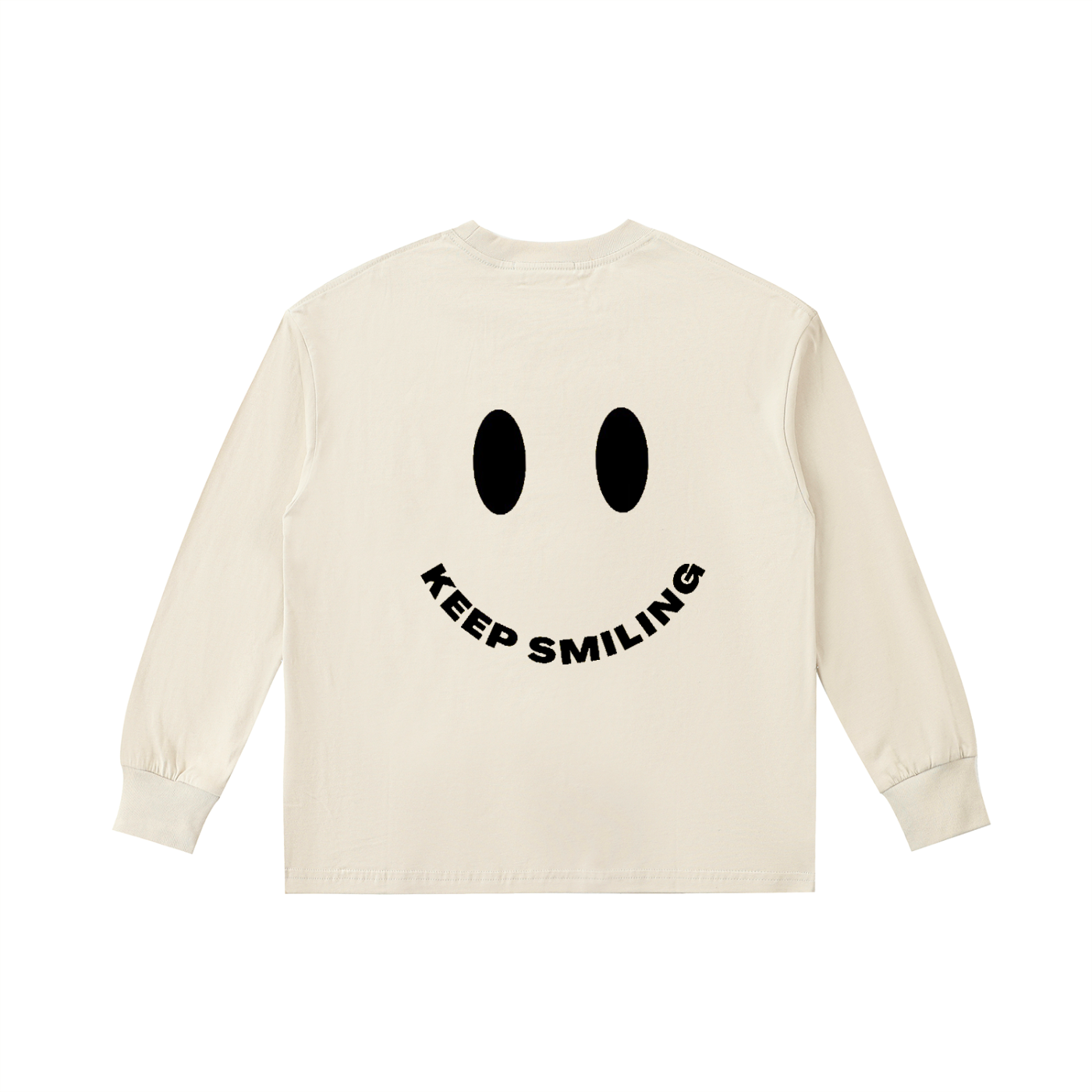 Beige long-sleeve shirt with smiley face and 'KEEP SMILING' text on a white background
