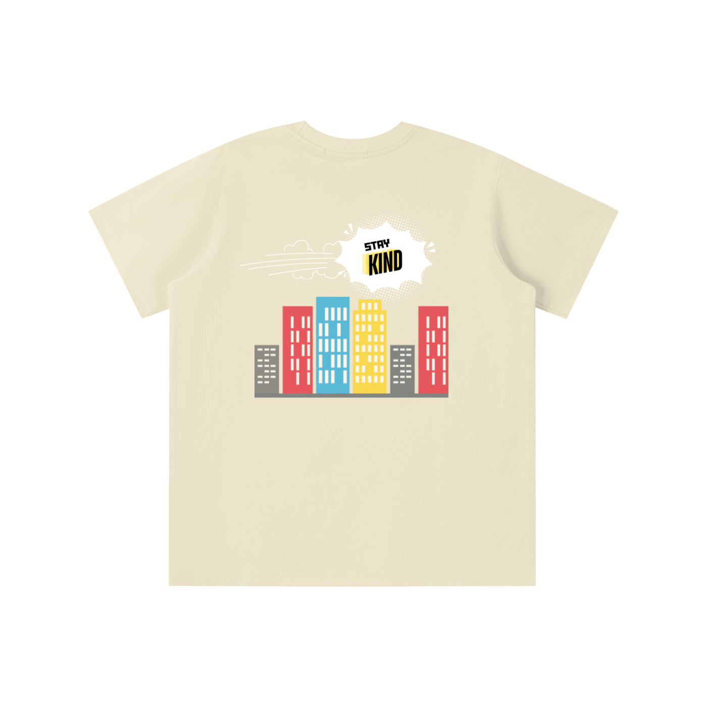 Beige t-shirt with colorful building graphic and 'Stay Kind' text on a white background