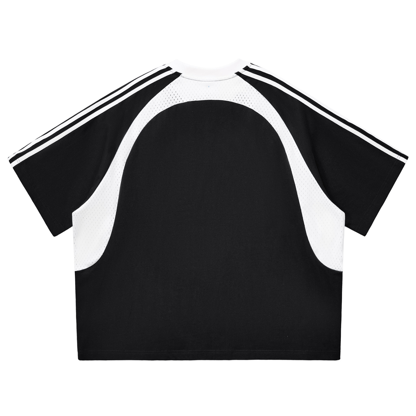 Black and white athletic top with stripes on the sleeve and mesh paneling in front of a white background