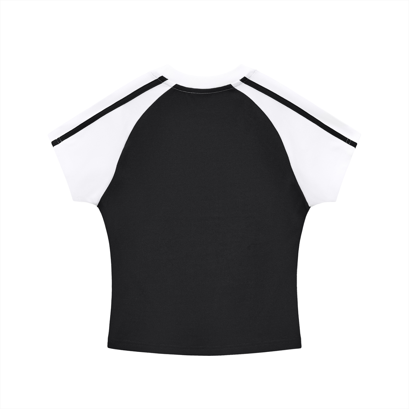 Black crop top with white sleeves on a white background