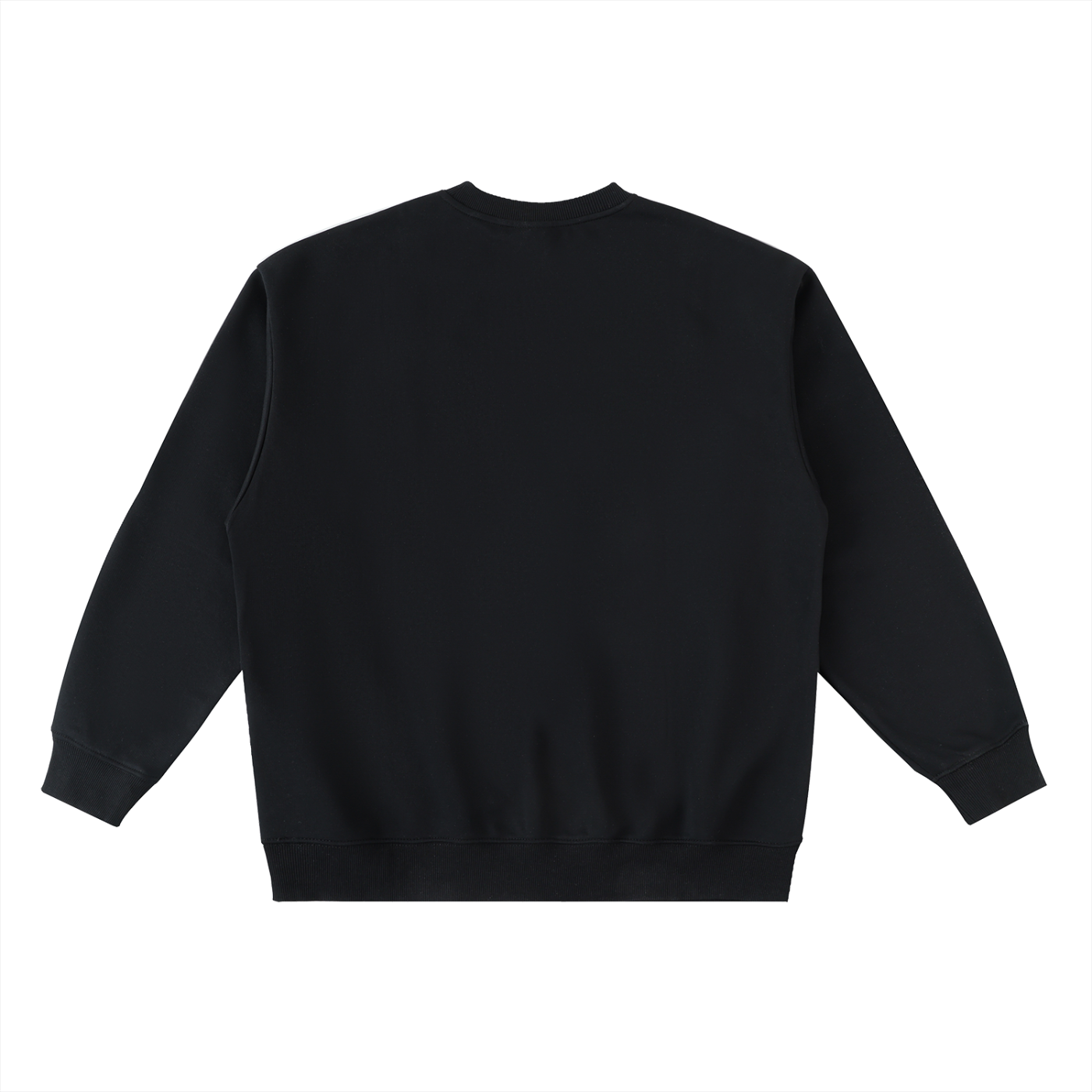 Back of black crewneck sweatshirt in front of a white background