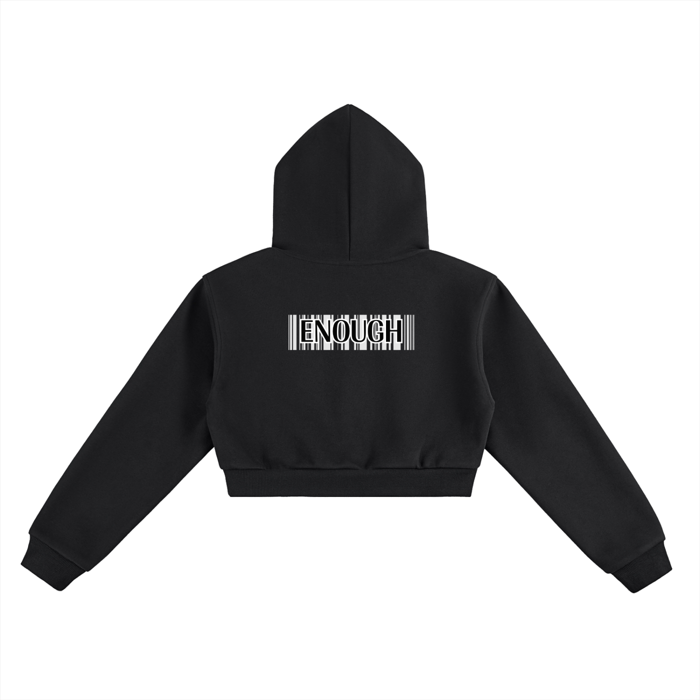 Black hoodie with text on the back on a white background. Barcode with Enough text.