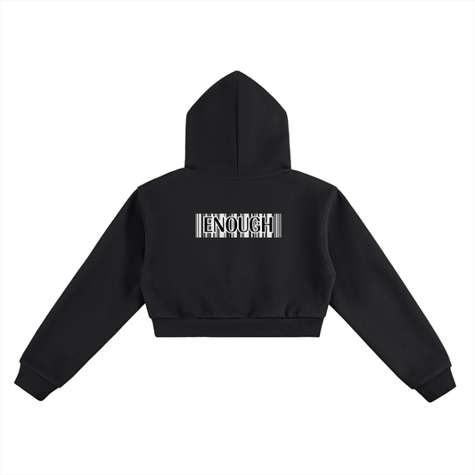 Black hoodie with text on the back on a white background. Barcode with Enough text.