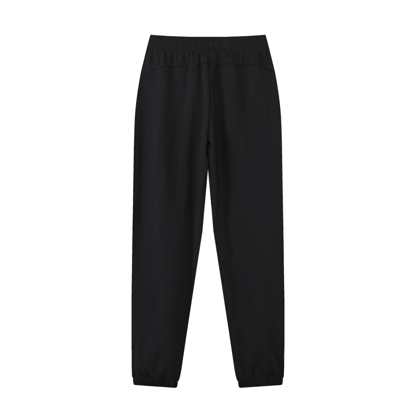 Back of black sweatpants with cuffed bottoms in front of a white background