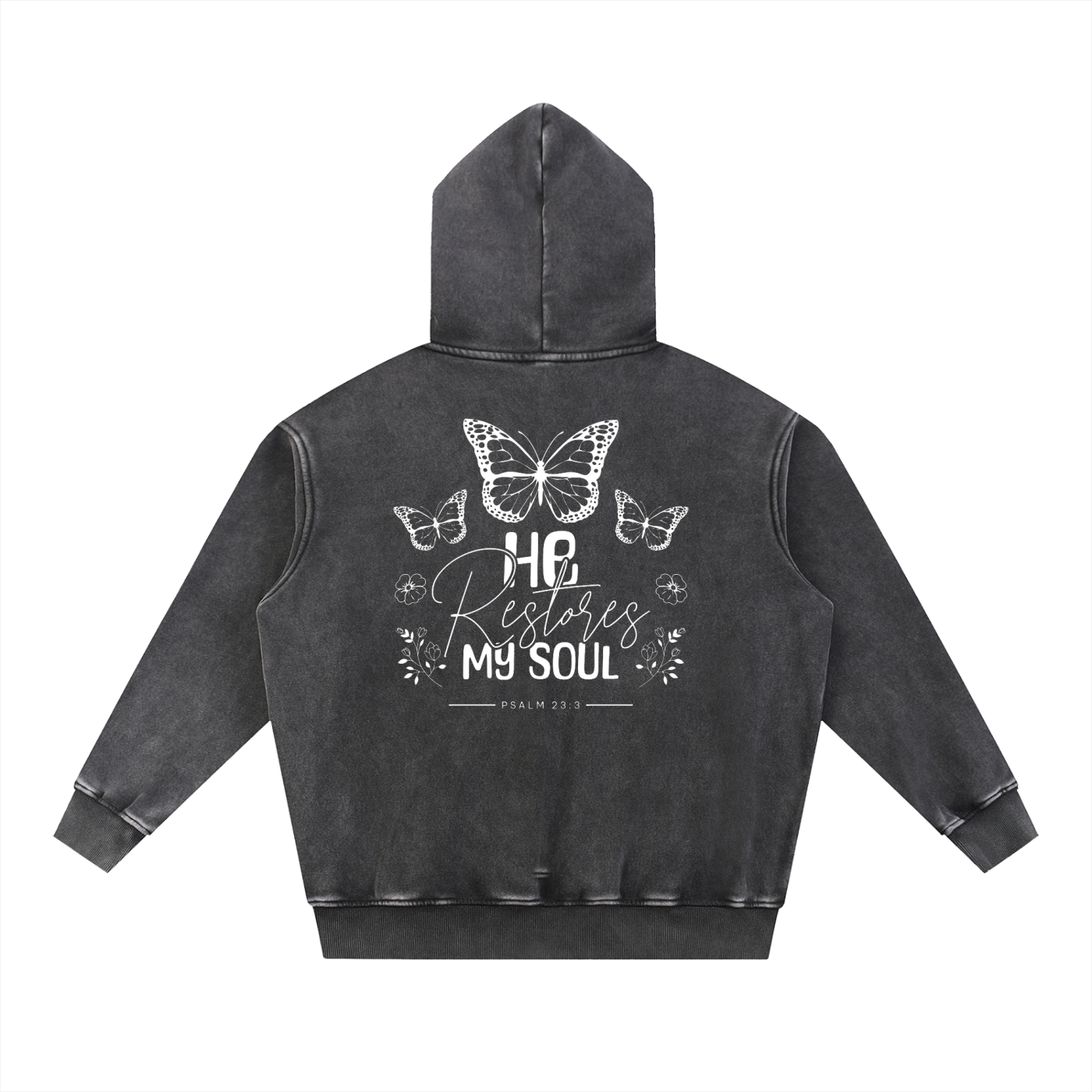 Back of Black hoodie with butterfly design and "He restores my soul: psalm 23:3" text against a white background