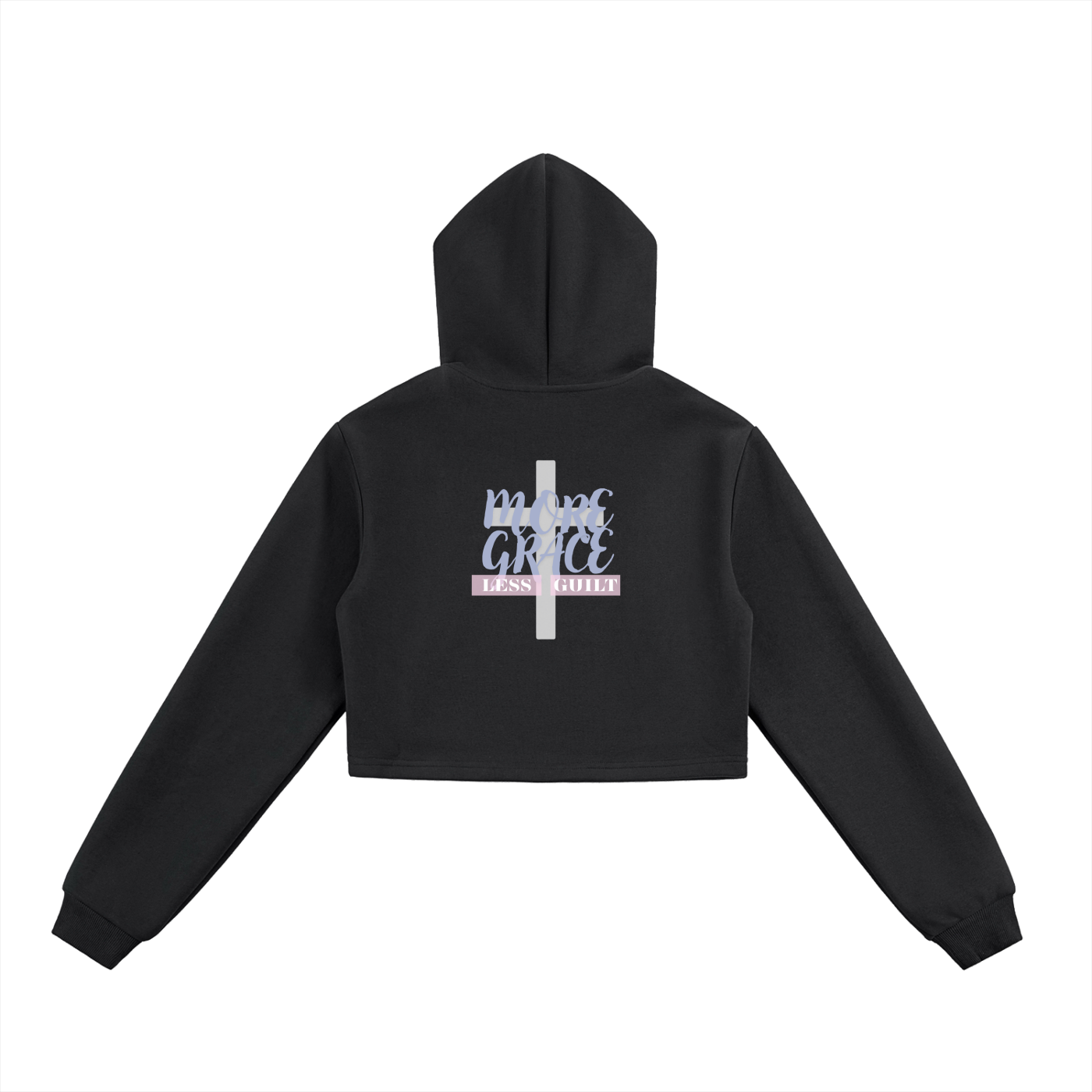 Black cropped zip up hoodie with text and a white cross on the back against a white background. Text says "More grace, less guilt", colors in the design consist of light purple, light pink, and white.