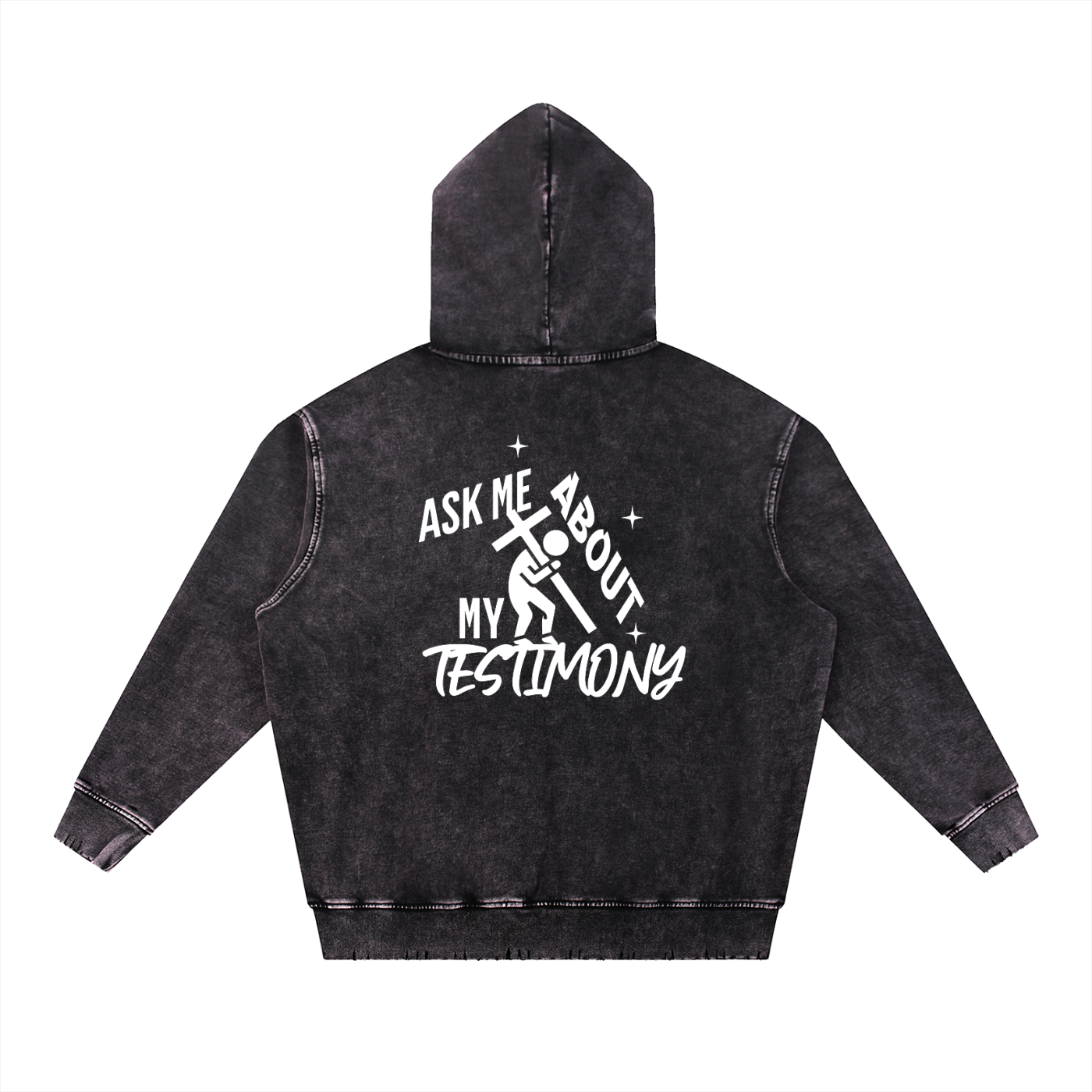Black hoodie with text on the back on a white background. Text says: "Ask me about my testimony" with person carrying the cross graphic design all in white color.
