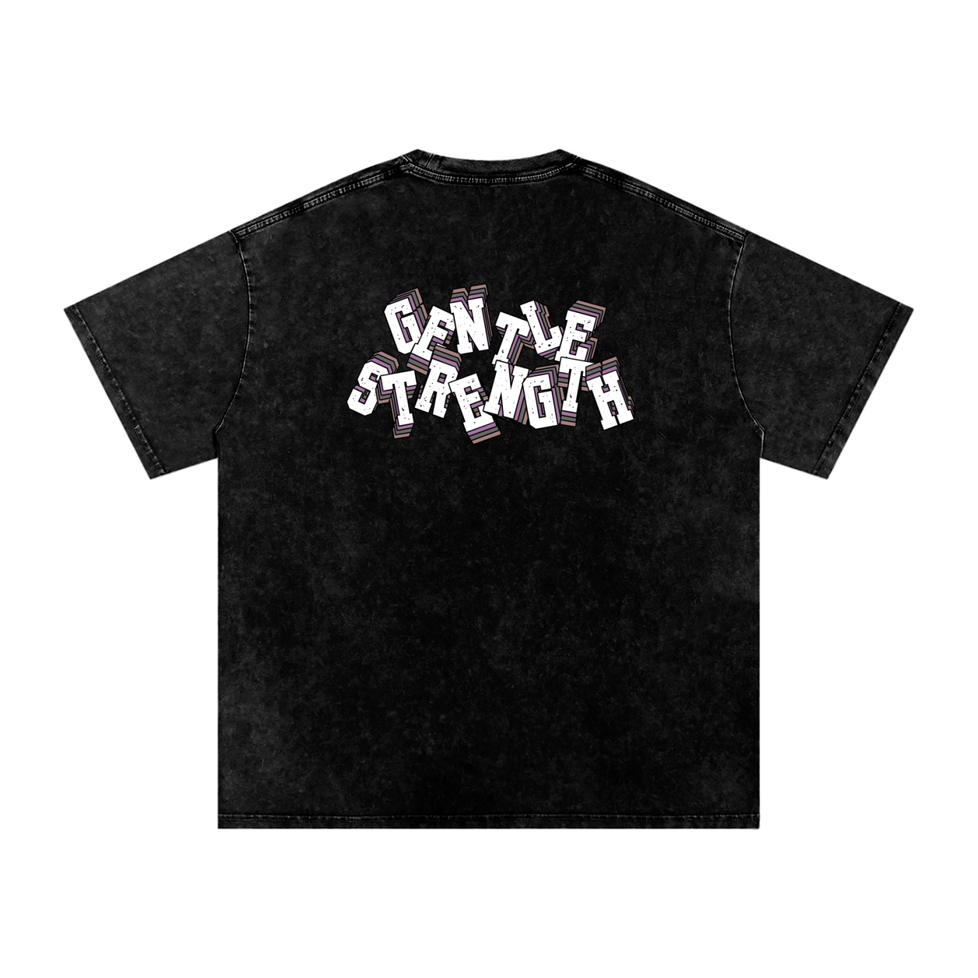 Back of black t-shirt with 'Gentle Strength' text in front of a white background.