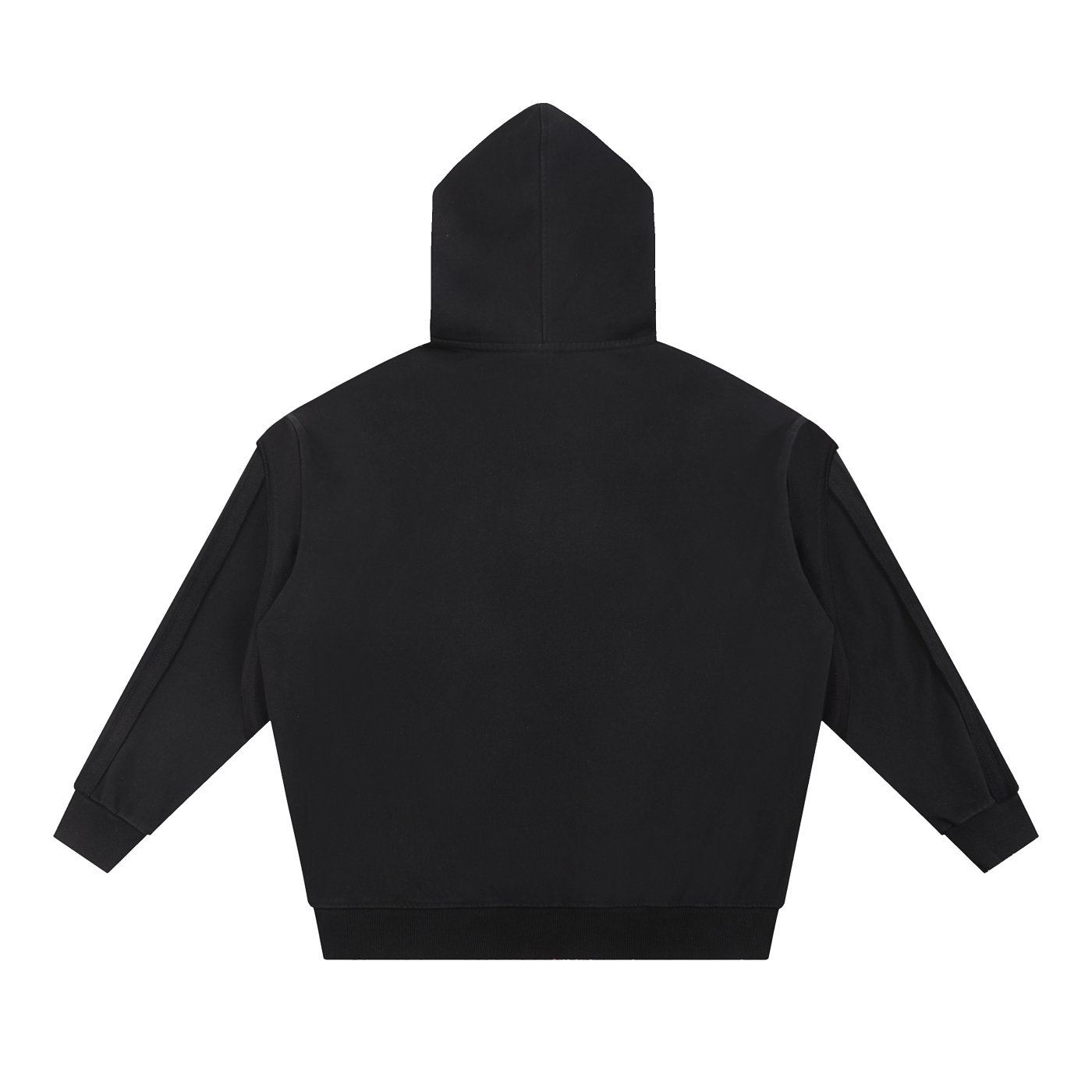 Black zip up hoodie shown from the back on a white background