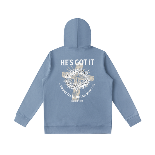 Blue oversized hoodie with cross and crown of thorns graphic design with text and on the back against a white background. Text says "He's got it...do not fear, for I am with you. Isaiah 41:10".