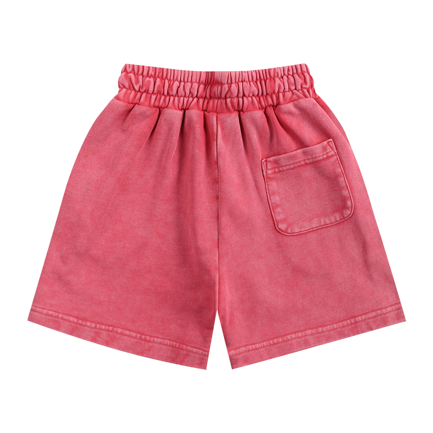 Bright Red shorts with an elastic waistband and back pocket on a white background
