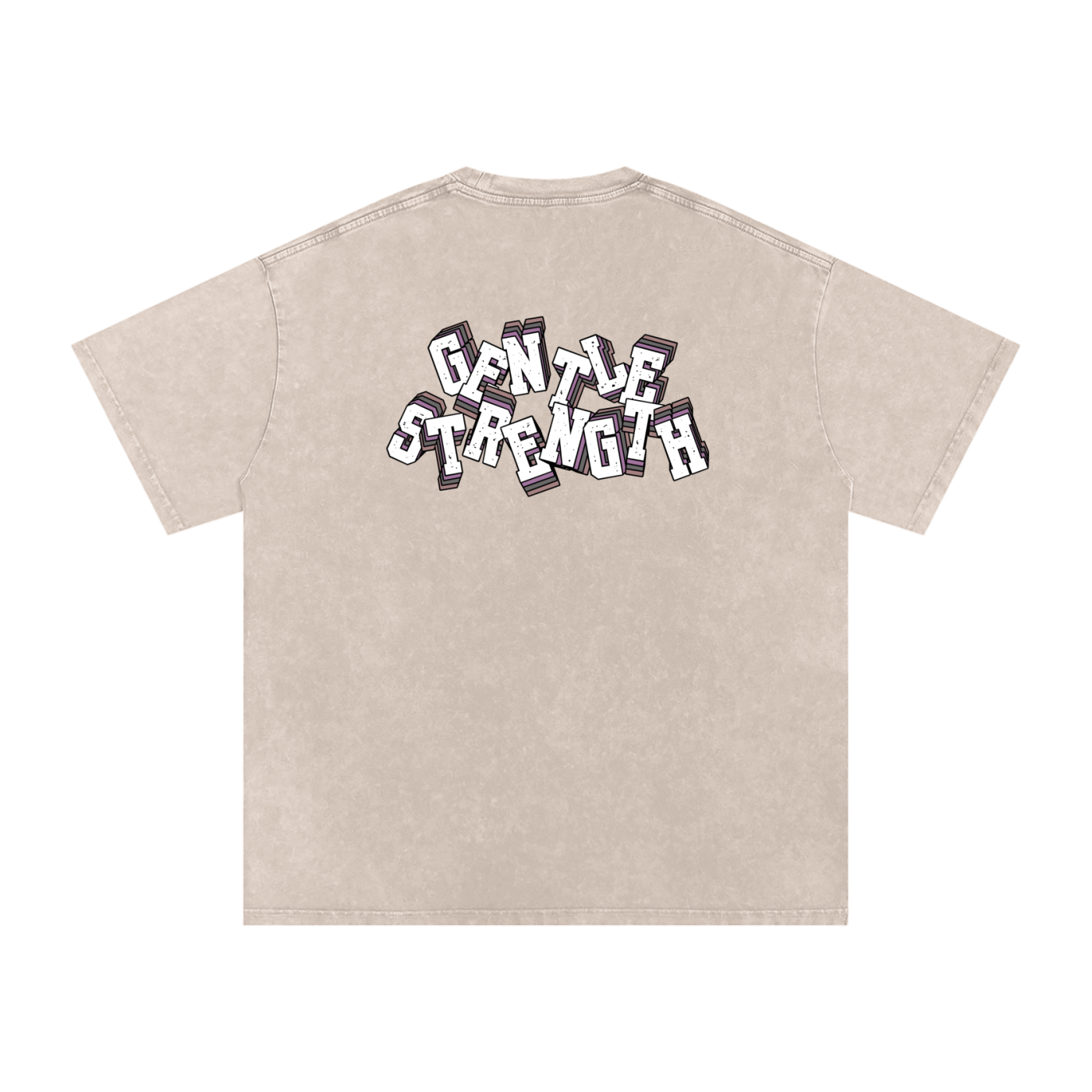 Back of cream t-shirt with 'Gentle Strength' text in front of a white background.