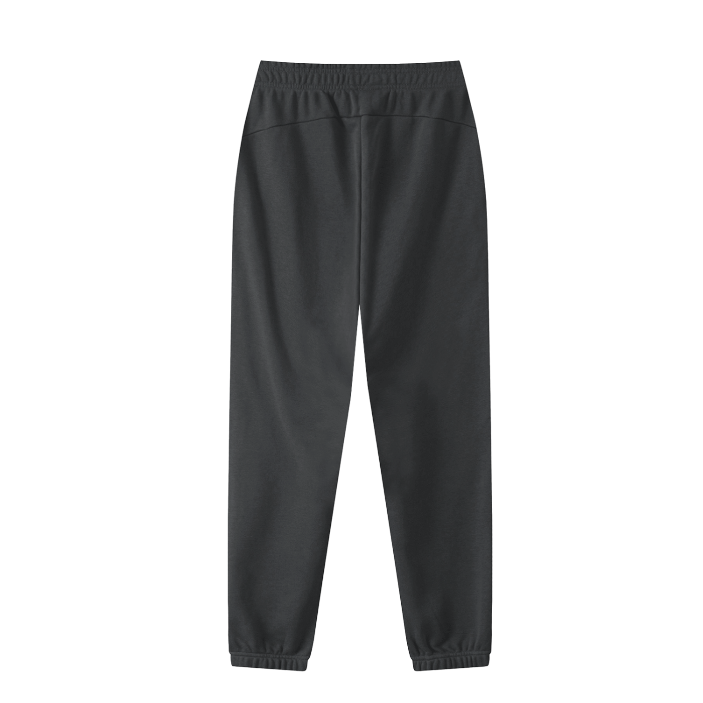 Back of dark gray cuffed sweatpants in front of a white background