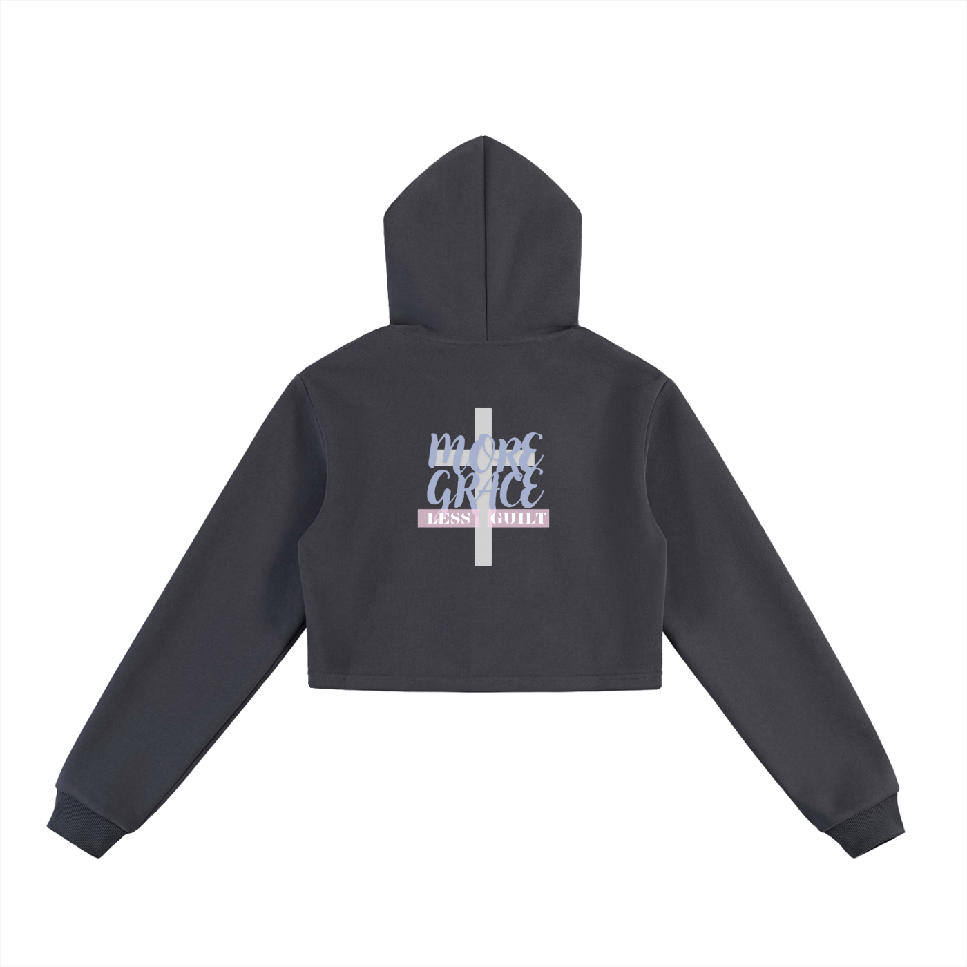 Dark gray cropped zip up hoodie with text and a white cross on the back against a white background. Text says "More grace, less guilt", colors in the design consist of light purple, light pink, and white.