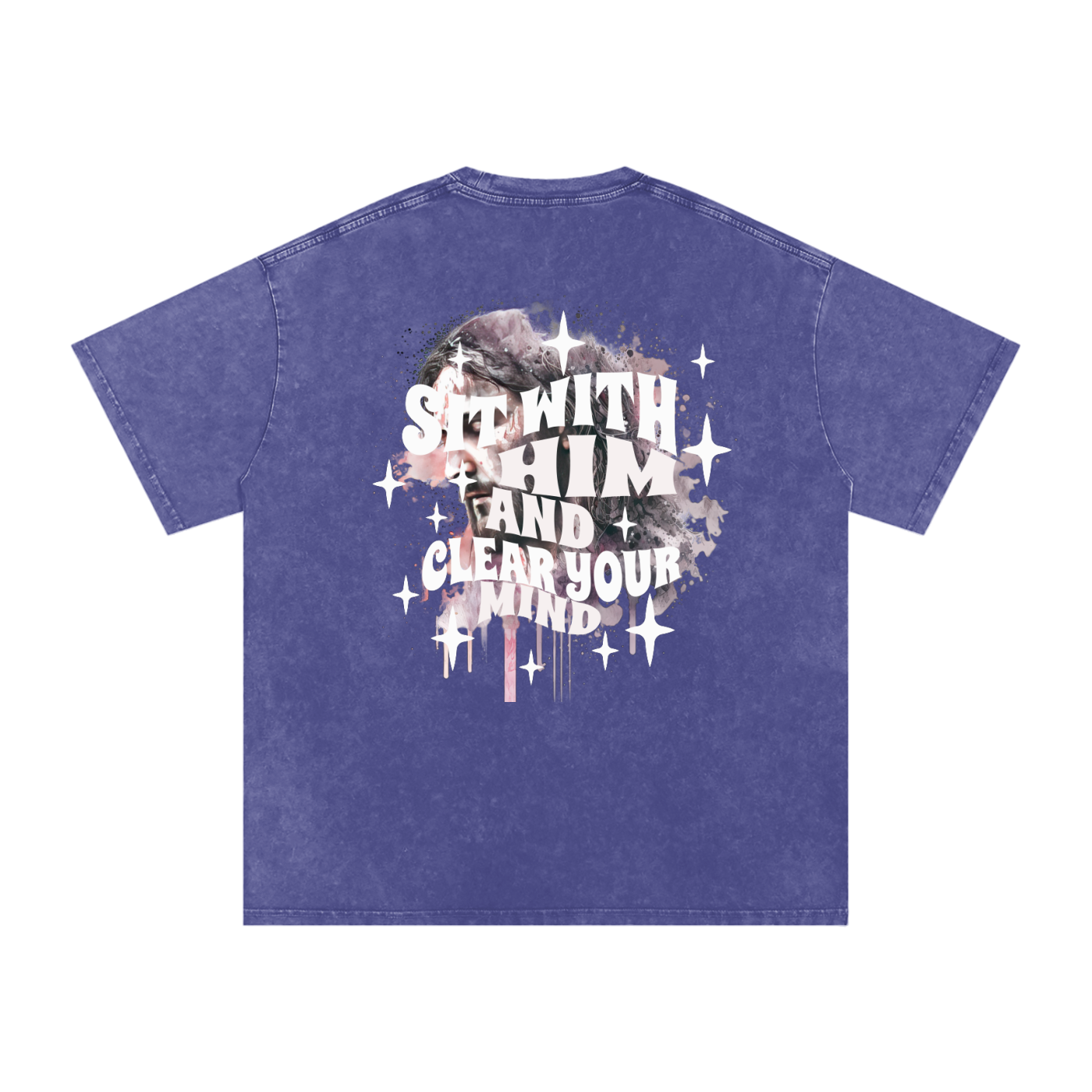 Back of dark purple t-shirt with 'sit with him and clear your mind' text, and a graphic watercolor of Jesus in the colors pink, gray, black, white, and purple, with white sparkles scattered around the design, in front of a white background.