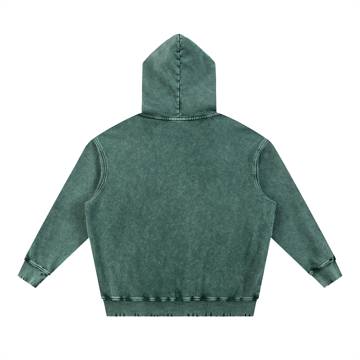 Back of faded green hoodie on a white background